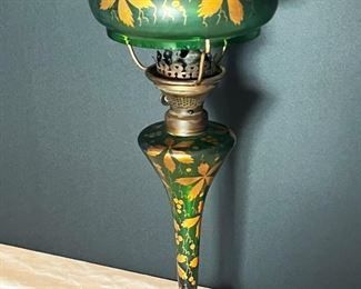 #3. $295. Green Gas Lamp w/hand-painted decor, 17X8.