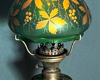 #3. $295. Green Gas Lamp w/hand-painted decor, 17X8.