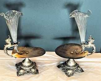 #6. $350. Pair of Silver/Mother of Pearl Trumpet Vases. 11x6