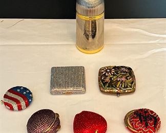 #7. $70. Estee Lauder (& other) Rhinestone Face Powder Compacts (6) (one has damaged hinge) & Vintage Cartier Pasha Perfume Bottle.