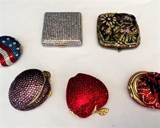 #7. $70. Estee Lauder (& other) Rhinestone Face Powder Compacts (6) (one has damaged hinge) & Vintage Cartier Pasha Perfume Bottle.