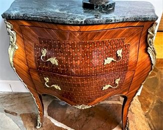 #11. $950. Pair of inlaid French style Louis XV Chests with green marble tops, 31WX16DX31H.