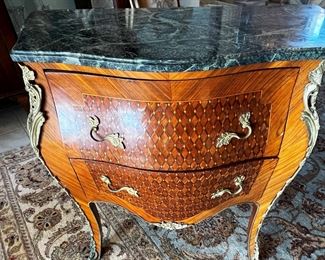 #11. $950. Pair of inlaid French style Louis XV Chests with green marble tops, 31WX16DX31H.