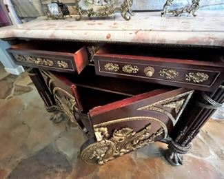 #14. $1,400. French Style Cabinet with bronze ornamentation and marble top, 64WX23DX41H.