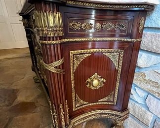 #14. $1,400. French Style Cabinet with bronze ornamentation and marble top, 64WX23DX41H.