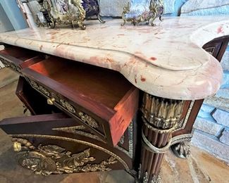 #14. $1,400. French Style Cabinet with bronze ornamentation and marble top, 64WX23DX41H.