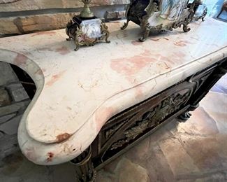 #14. $1,400. French Style Cabinet with bronze ornamentation and marble top, 64WX23DX41H.