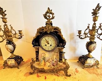 #15. $495. French 3 pc. Porcelain Mantel Clock & Candle Holders, hand-painted, signed Petit.