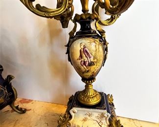 #15. $495. French 3 pc. Porcelain Mantel Clock & Candle Holders, hand-painted, signed Petit.