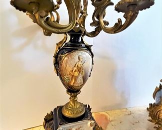 #15. $495. French 3 pc. Porcelain Mantel Clock & Candle Holders, hand-painted, signed Petit.