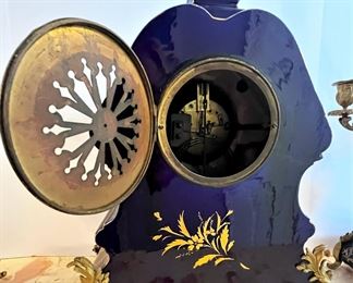 #15. $495. French 3 pc. Porcelain Mantel Clock & Candle Holders, hand-painted, signed Petit.