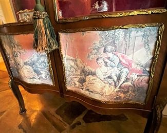 #16. $675. French Style Curio Cabinet, with painted scene on base.