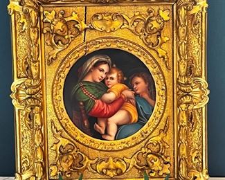 #19. $350. Madonna & Child Porcelain Plaque in period gild frame, signed Firenze.