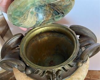 #28. $450. Pair of Marble/Onyx Urns with ormolu (one is missing lid), 22"Hx10"x12".