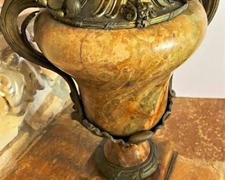 #28. $450. Pair of Marble/Onyx Urns with ormolu (one is missing lid), 22"Hx10"x12".