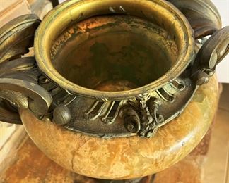 #28. $450. Pair of Marble/Onyx Urns with ormolu (one is missing lid), 22"Hx10"x12".
