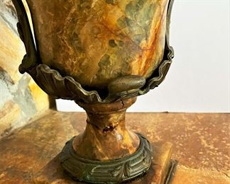 #28. $450. Pair of Marble/Onyx Urns with ormolu (one is missing lid), 22"Hx10"x12".