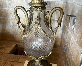 #29. $400. Pair of Baccarat gilt/glass Urns, one damaged 22"Hx10.5"x8", and wood bases, 12"x12"x9H.