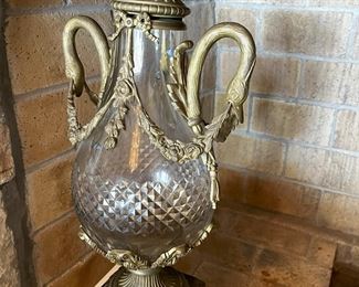 #29. $400 Pair of Baccarat gilt/glass Urns, one damaged 22"Hx10.5"x8", and wood bases, 12"x12"x9H.
