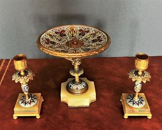 #32. $500. Champleve & Bronze Dore Tazza & (2) Candlesticks.