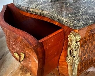 #11. $950. Pair of inlaid French style Louis XV Chests with green marble tops, 31WX16DX31H.