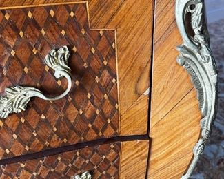 #11. $950. Pair of inlaid French style Louis XV Chests with green marble tops, 31WX16DX31H.