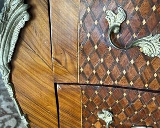 #11. $950. Pair of inlaid French style Louis XV Chests with green marble tops, 31WX16DX31H.