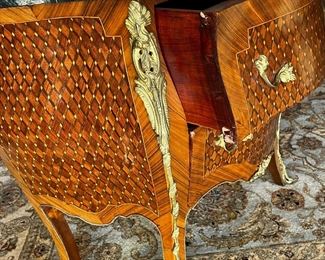 #11. $950. Pair of inlaid French style Louis XV Chests with green marble tops, 31WX16DX31H.