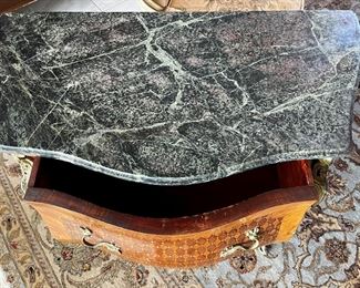 #11. $950. Pair of inlaid French style Louis XV Chests with green marble tops, 31WX16DX31H.
