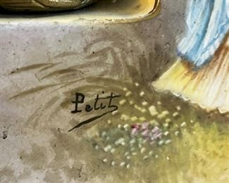 #15. $495. French 3 pc. Porcelain Mantel Clock & Candle Holders, hand-painted, signed Petit.