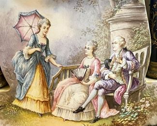 #15. $495. French 3 pc. Porcelain Mantel Clock & Candle Holders, hand-painted, signed Petit.