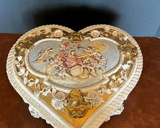 #51- $150. Capodimonte Heart Shaped Lidded Box, marked, made in Italy, 14"x13".