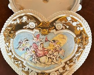 #51- $150. Capodimonte Heart Shaped Lidded Box, marked, made in Italy, 14"x13".