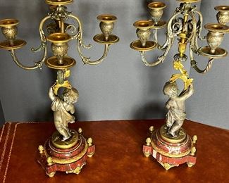 #56 - $1,000 - Pair of Bronze Dore Candelabras with Putti, 20"Hx9".