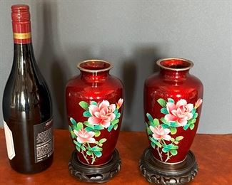 #57 - $100 Pair of Japanese Cloisonné Vases, "pigeon blood", Gin Bari, 12"X10".
