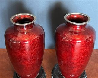 #57 - $100 Pair of Japanese Cloisonné Vases, "pigeon blood", Gin Bari, 12"X10".