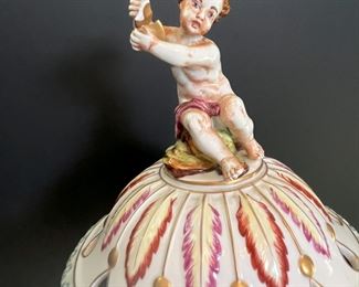 #60- $1,800 Monumental Pair of Capodimonte Covered Figural Urns, 30"Hx13"W. One finial is damaged...we have the pieces to be glued.