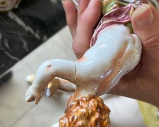 #60- $1,800 Monumental Pair of Capodimonte Covered Figural Urns, 30"Hx13"W. One finial is damaged...we have the pieces to be glued.