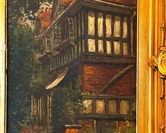 #64 - $500 Painting of Houses in gilt frame, signed by ?, 1908-1912.
