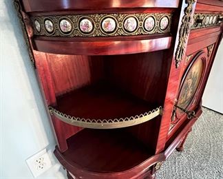 #66 - $400 Demilune Side Server with open shelves w/gallery and porcelain plaques, faux marble top, 42"Wx13.5"Dx37.5"H.