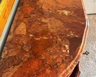 #66 - $400 Demilune Side Server with open shelves w/gallery and porcelain plaques, faux marble top, 42"Wx13.5"Dx37.5"H.