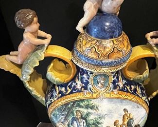 #76 -$1,000 Large Majolica Covered Urn, bought in Clements in 1989, 38"Hx23"Wx13"D