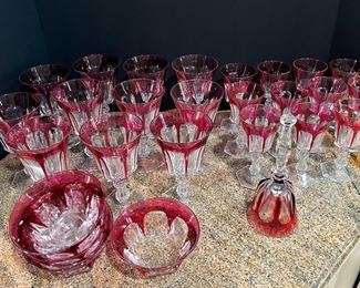 #80 - $500 Cranberry Cut to Clear Crystal Glassware, (27) pieces, possibly Baccarat