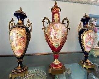 #82- $900 Set of (2) Sevres style Cobalt Blue and Bronze Urns. *Buy all (3) for $1150