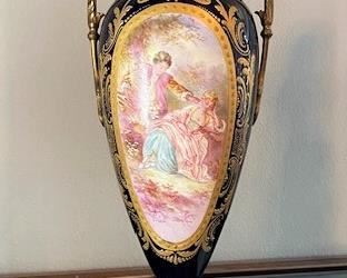 #82- $900 Set of (2) Sevres style Cobalt Blue and Bronze Urns. *Buy all (3) for $1150