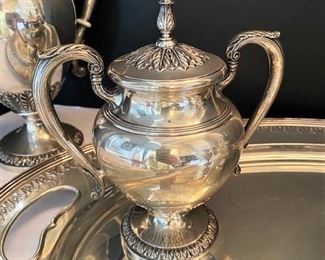 #89- $4,500  Sterling Silver Five Piece Tea Set and Tray. Tray alone is 10 pounds or 4535 grams, 5 Tea Set is approx. 113 oz. Marked Treasure.