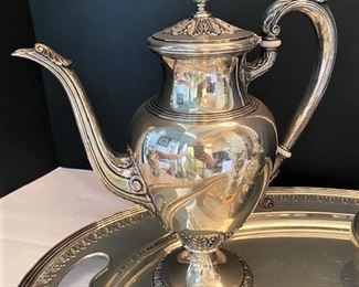 #89- $4,500  Sterling Silver Five Piece Tea Set and Tray. Tray alone is 10 pounds or 4535 grams, 5 Tea Set is approx. 113 oz. Marked Treasure.