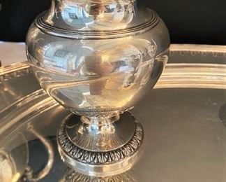 #89- $4,500  Sterling Silver Five Piece Tea Set and Tray. Tray alone is 10 pounds or 4535 grams , 5 Tea Set is approx. 113 oz. Marked Treasure.