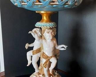 #103- $400 Pair of Italian Porcelain Tazzas with cupids around stem, signed Tiche, 18"Hx12"