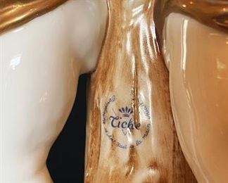 #103- $400 Pair of Italian Porcelain Tazzas with cupids around stem, signed Tiche, 18"Hx12"